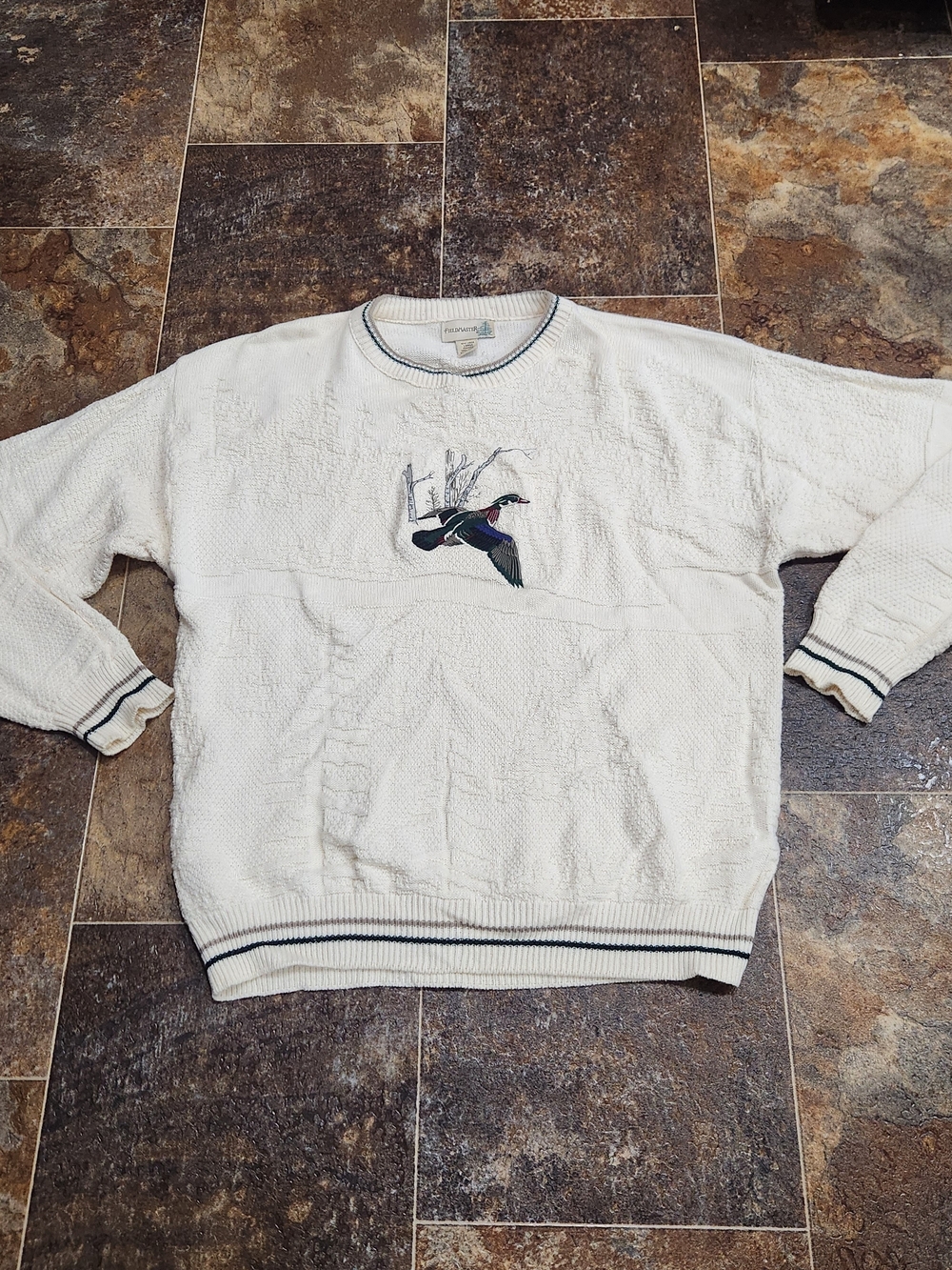 Vintage 90s Y2K Fieldmaster Mens Lg Wild Duck Sweater Textured Cotton USA Ivory